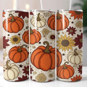 Pumpkin Tumbler Wrap, Fall png, Fall Vibes Sublimation, Sunflowers Fall 20oz Seamless Design, Fall Vibes Tumbler, Autumn Skinny Design