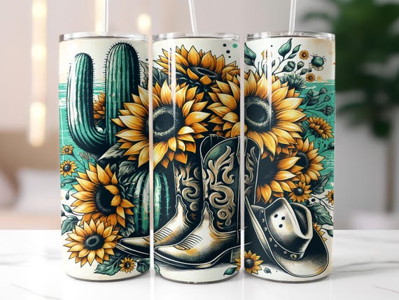 Western Cowgirl Boots Tumbler Wrap, Cactus & Sunflowers 20oz Seamless Design, Boho Rustic Western png, Country Design, Western Boots png