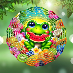 May include: A vibrant, circular ornament featuring a cartoon frog holding a watermelon slice. The frog is surrounded by colorful tropical fruits and flowers, with a green and blue background. The design is layered with a wavy, textured effect.