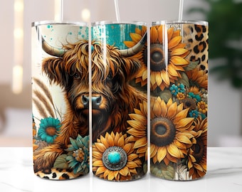 Rustic Highland Cow Tumbler Wrap, Sunflowers & Leopard Print 20 oz Skinny, Boho Tumbler, Vintage Seamless, Turquoise Conchos Sublimation