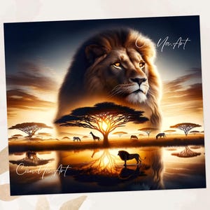 May include: A digital art print featuring a majestic lion with a golden mane, set against a vibrant African savanna sunset. The artwork includes a reflection of the landscape in the water, with the text "Ca Ma.Art".
