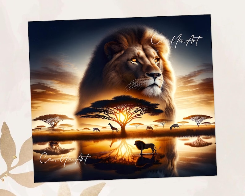 May include: A digital art print featuring a majestic lion with a golden mane, set against a vibrant African savanna sunset. The artwork includes a reflection of the landscape in the water, with the text "Ca Ma.Art".