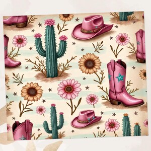 May include: A repeating pattern featuring pink cowboy boots, hats, cacti, sunflowers, and pink flowers on a cream background. The boots have a blue star design. The hats have a decorative band. The cacti are teal.