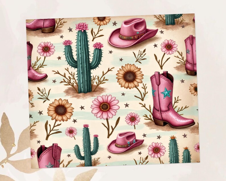 May include: A repeating pattern featuring pink cowboy boots, hats, cacti, sunflowers, and pink flowers on a cream background. The boots have a blue star design. The hats have a decorative band. The cacti are teal.