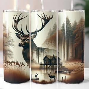 Deer Tumbler Wrap, Hunting Wilderness Deer Tumbler Wrap, 20oz Skinny, Whitetail Buck Deer Woods, Deer Hunter Design, Men&#39;s Tumbler Design