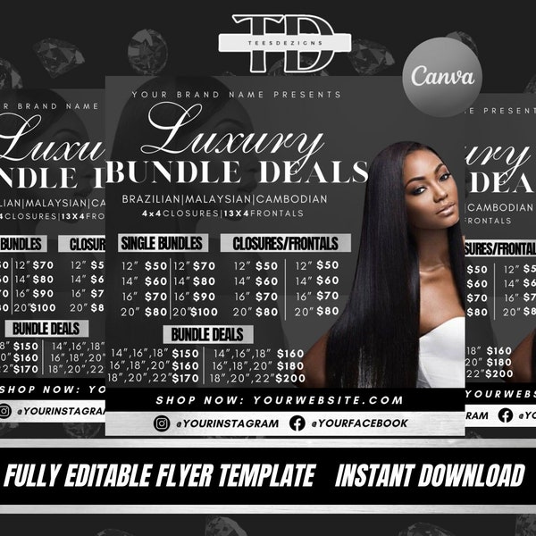 Black/White/Silver Hair Pricelist Flyer, Minimal Hair Flyer, Hair Sale, Bundle Deals, Hair Extensions Wig Flyer, Editable Canva Template