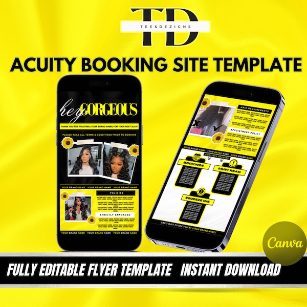 Yellow/Black/White Sunflower Acuity Scheduling Template for Hairstylist, Acuity Scheduling Template for MUA, Acuity Template for Lash Tech