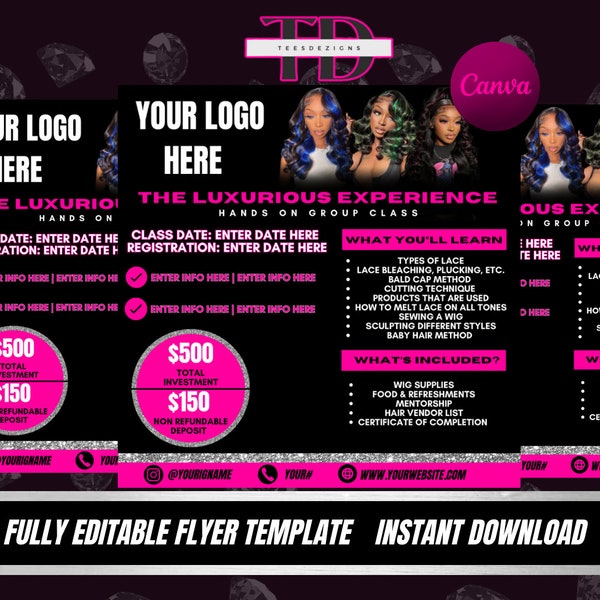 Pink/Black/Silver Hair Class, Hair Group Class Flyer, Lash Class Canva Template, Group Class Flyer, Masterclass Flyer, Makeup Class Flyer