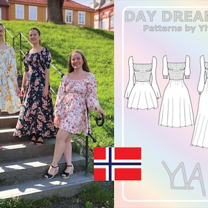May include: Three women wearing floral dresses stand on outdoor steps. The dresses feature various floral patterns and sleeve styles. The image also includes a design sketch of dresses and the text "DAY DREAMER Patterns by Ylva."