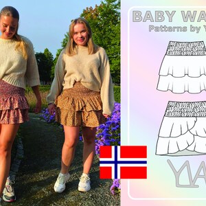 May include: Two women wearing cream sweaters and patterned skirts. The skirts are tiered and have a ruffled hem. The image also includes a pattern for a tiered skirt with a ruffled hem. The pattern is labeled "Baby Waves Patterns by Ylva".