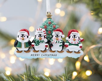 Penguin Family of 4 with Christmas Tree Ornaments, Personalized Family Ornament, Custom Keepsake Gifts, Family Member of 4 Tree Ornaments