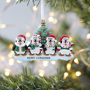 Penguin Family of 4 with Christmas Tree Ornaments, Personalized Family Ornament, Custom Keepsake Gifts, Family Member of 4 Tree Ornaments