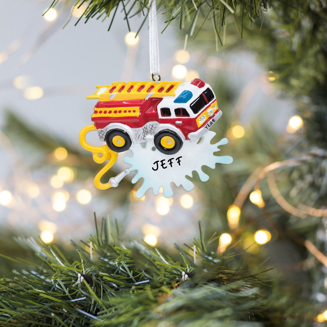 Personalized Fire Truck Ornament With Banner, Fireman Christmas