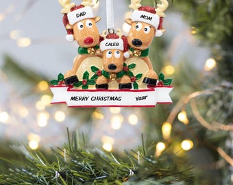 Reindeer Family of 3,4,5,6 Christmas Ornaments, Reindeer Ornament With Names, Personalized Reindeer Family Name Ornaments, Family Xmas Gifts