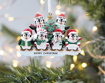 Personalized Penguin Family of 6 with Christmas Tree Ornaments, Family Ornament, Family Keepsake Gifts, Family Member of 6 Tree Ornaments
