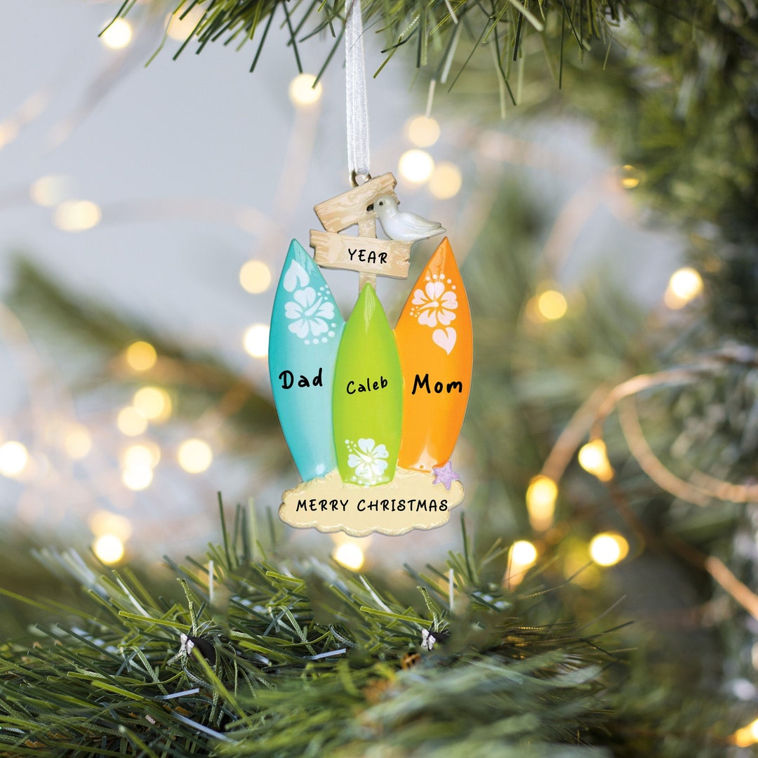 Surf Board Family of 3 Personalized Christmas Ornament, Surfing