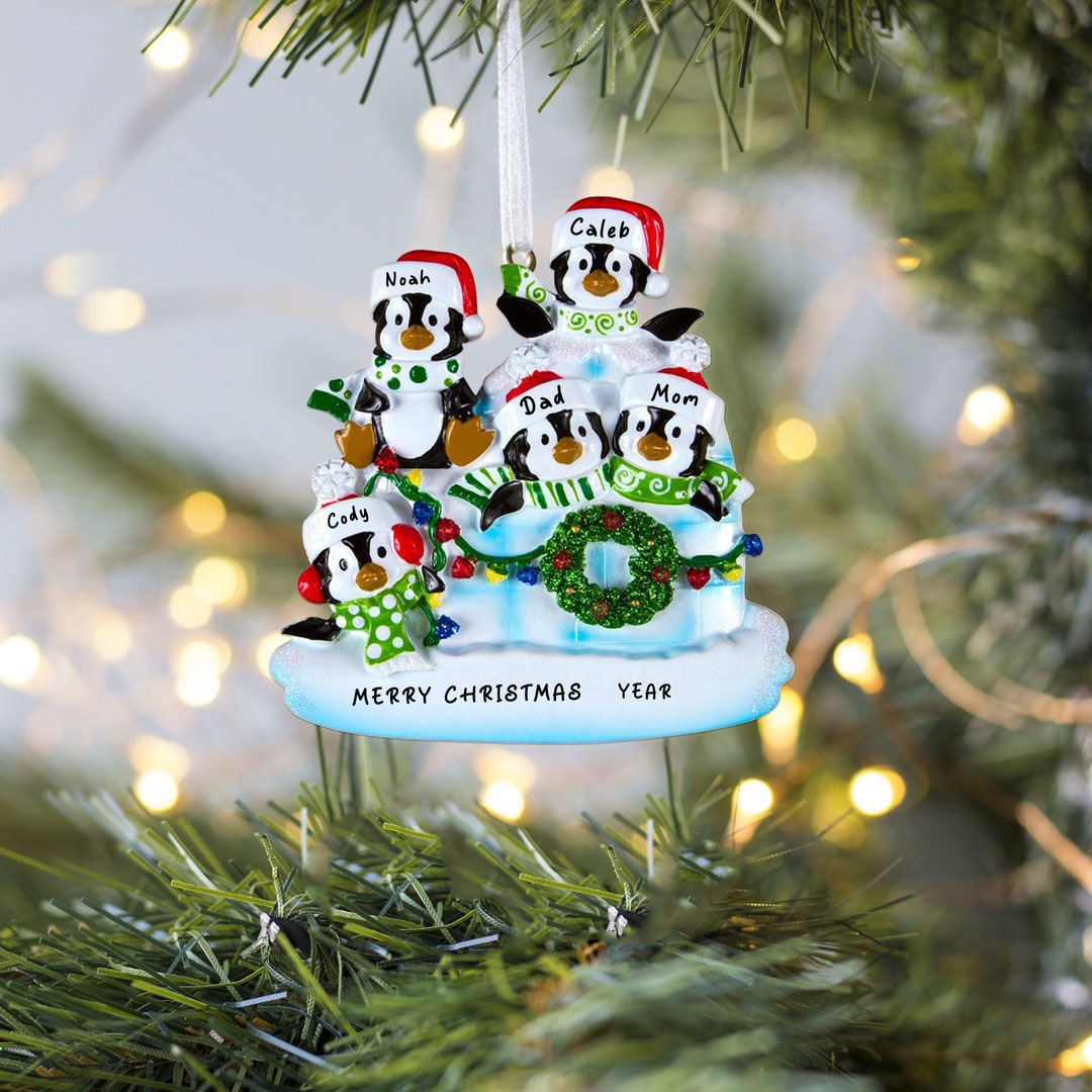 Penguin Igloo of 5 Personalized Christmas Ornaments, Penguin Family of ...