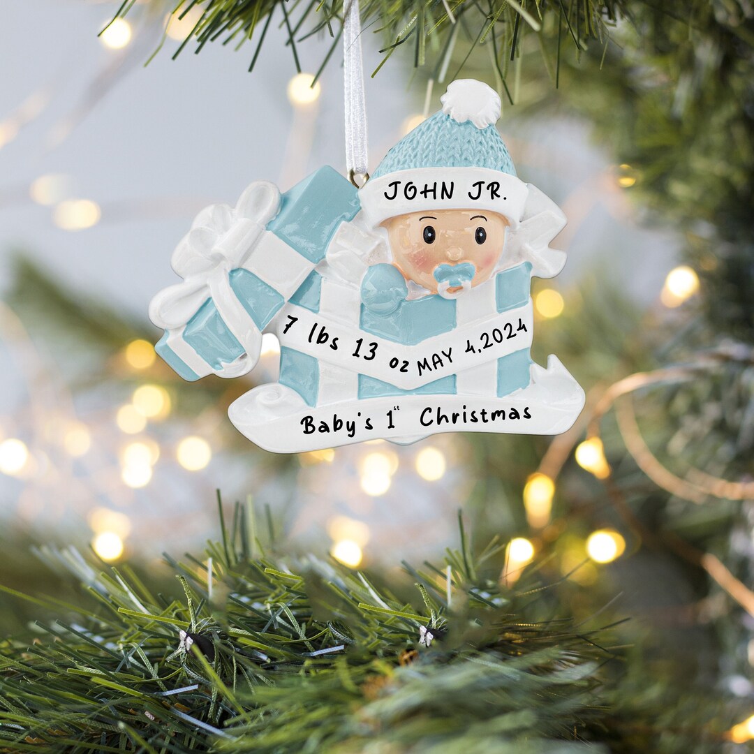 Baby Boy in Present Christmas Ornament, Christmas Gift for Baby