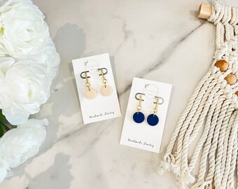 Navy blue and Champagne dainty circle earrings