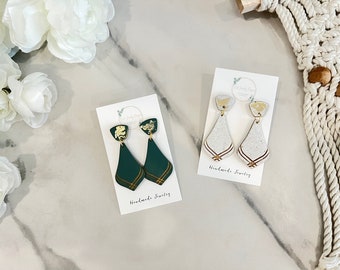 Speckled white and Forest Green gold foil earrings