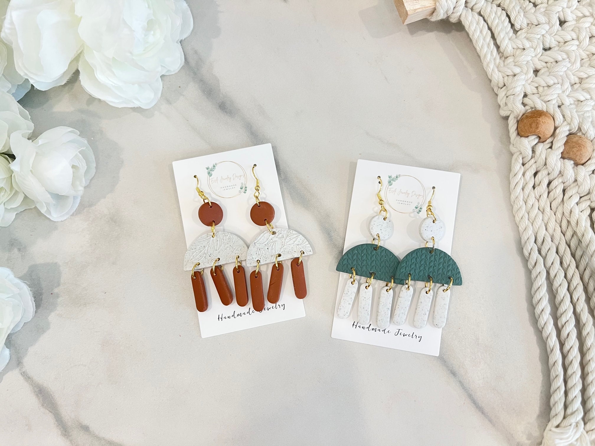 Speck white or forest green semi circle earrings