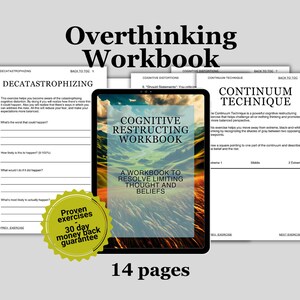 Puede incluir: Un cuaderno de trabajo titulado "Overthinking Workbook" con el texto "Cognitive Restructuring Workbook" en la portada. El cuaderno incluye ejercicios para resolver pensamientos y creencias limitantes. Un sello dorado dice "Proven exercises 30 day money back guarantee".