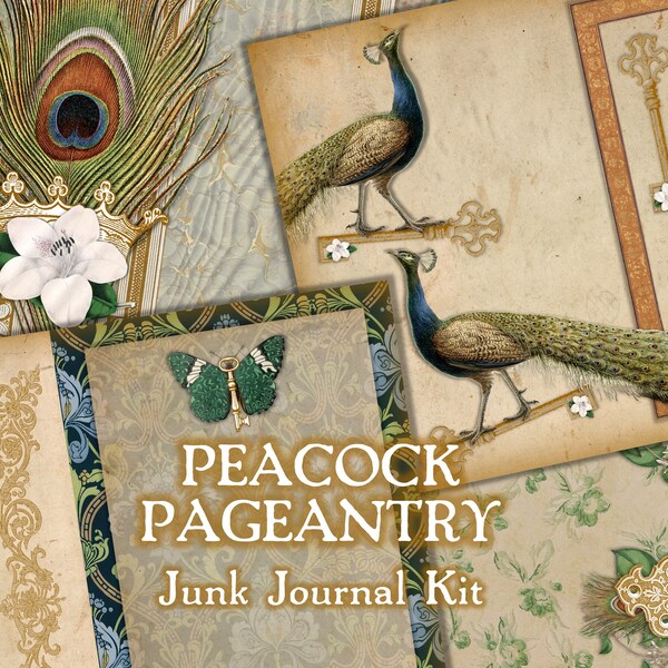 PEACOCK PAGEANTRY printable junk journal kit: Peacock-inspired colors, vintage/rustic garden look, gold/bronze hardware touches, butterflies