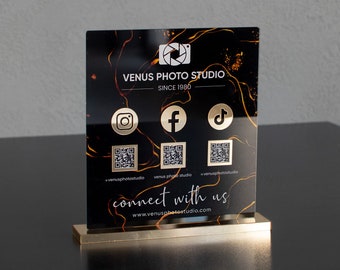 Social Media Sign - Multi QR Code Sign - Review Sign - Acrylic Square Sign for Custom Logo for up to 6 Icons and QR Codes - Business Sign