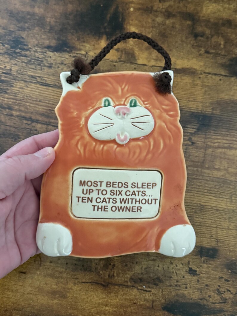 May include: Orange ceramic cat-shaped wall hanging with a brown braided cord for hanging. The cat has white accents, green eyes, and a pink nose. Text on the plaque reads: "MOST BEDS SLEEP UP TO SIX CATS... TEN CATS WITHOUT THE OWNER."