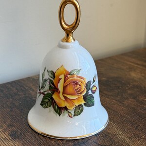 Vintage Danbury Mint Porcelain Bell: Diorama Yellow Rose, Gold Accents