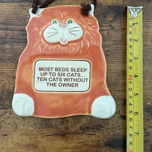 May include: A ceramic cat-shaped wall hanging with a brown cord for hanging. The orange cat has white paws and a white face with green eyes. The text on the sign reads: "MOST BEDS SLEEP UP TO SIX CATS... TEN CATS WITHOUT THE OWNER."