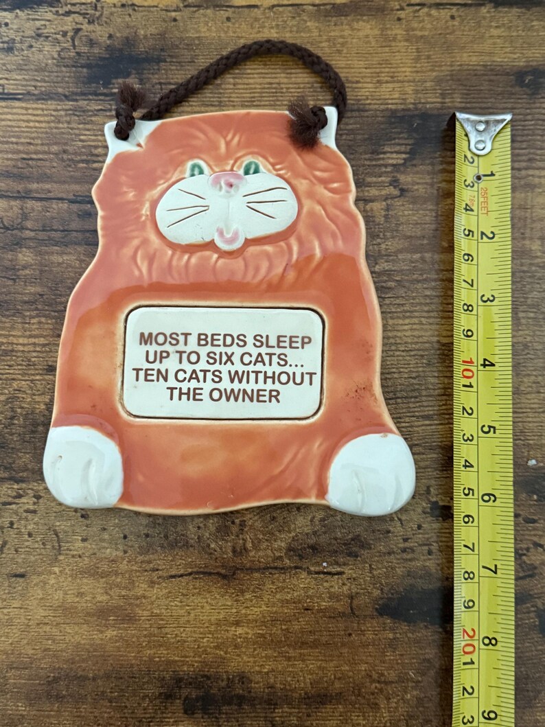 May include: A ceramic cat-shaped wall hanging with a brown cord for hanging. The orange cat has white paws and a white face with green eyes. The text on the sign reads: "MOST BEDS SLEEP UP TO SIX CATS... TEN CATS WITHOUT THE OWNER."
