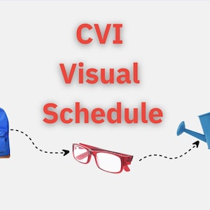 May include: A visual schedule for children with CVI (Cortical Visual Impairment) featuring a blue backpack, red glasses, and a blue watering can. The items are connected by dashed lines.