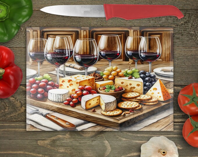 Wine Cheese Glass Cutting Board, Kitchen Decor, Gift for Wine Lovers, Decorative Cutting Board, Charcuterie Board, Gift for Mom, New Home