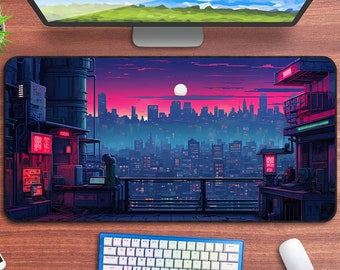 Retro Cyberpunk Mouse Pad, 8-Bit Desk Mat, Blue Pink Mousepad, 90s Gaming Deskmat, Pixel Art Playmat, Retro Gaming Style Pad, XL Drawing Mat