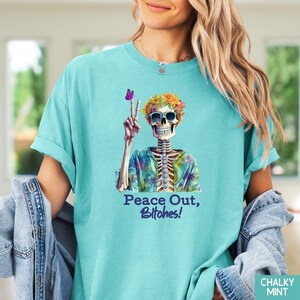 Skeleton Peace Shirt Hippy Sign Middle Finger Graphic Tee Beach Vacation Sarcastic Design Butterfly Funny Statement Casual Top Edgy Humor