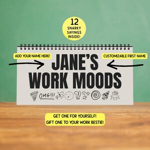 以下が含まれることがあります： 「JANE'S WORK MOODS」と黒字で書かれた、スパイラル綴じのノート。ノートには「12 Snarky Sayings Inside!」というテキストと、様々な漫画の落書きが含まれています。木製の表面に置かれています。