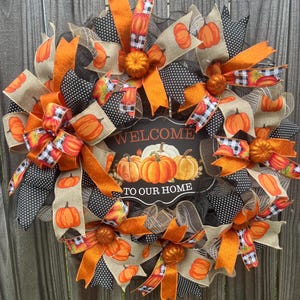 Pumpkin Patch Welcome Wreath. Fall Front Door Decor. Welcome to Our Home Autumn Wreath. Orange & Black Fall Wreath