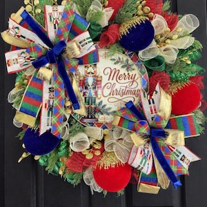 Classic Nutcracker Christmas Wreath. Large Nutcrakcer Theme Wreath. Traditional Nutcracker Blue, Red, and Gold Wreath. Nutcracker Door Decor