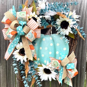 Teal Pumpkin Fall Wreath with Sunflowers & Polka Dot Bows. Burlap. Farmhouse Autumn Wreath.  Front Door Decor. Rustic Teal Pumpkin Wreath