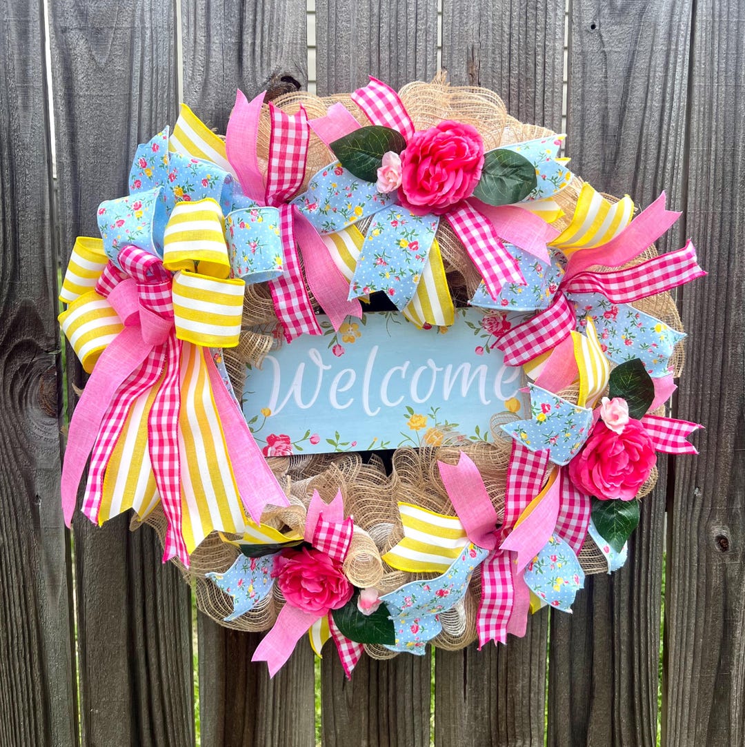 Pastel Blue, Yellow, and Pink Welcome Spring Wreath With Silk Hot Pink ...