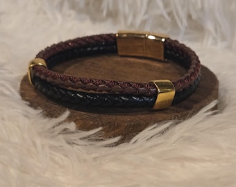 Men's Brown and Black Genuine Leather, Multi Strand Leather Bracelet with Gold Accent