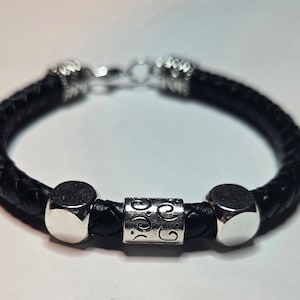 Leather Round Braided Black Bracelet with Silver Accent