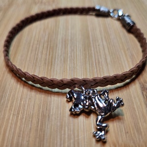 Leather Anklet, Brown Braided Ankle Bracelet with 2 Silver Frog Charms. Lobster Claw Closure.