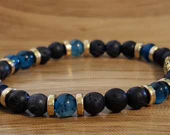 Natural Blue Dragon Vein Agate Stretch Bracelet with Lava Beads and Gold Accent, 6mm Beads