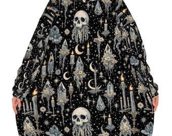 Crystal Skull Blanket Hoodie, Moon Boho Witchy Black Hooded Jumper, Gothic Floral Cute Winter Fall Accessory