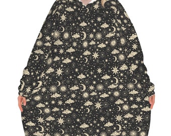 Celestial Moon Blanket Hoodie, Boho Hooded Jumper, Black Witchy Women's Fashion, Gothic Winter Fall Accessory