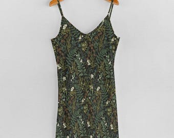 Green Wildflower Womens Long Maxi Dress, Summer Dress, Bohemian Fashion, Nature Hippie Clothing, Witchy Spaghetti Strap Long Dress