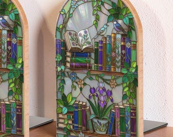 Green Bookshelf Wildflower Bookends Set of 2, Floral Stained Glass Mosaic Cottagecore Home Decor, Botanical Bookish Accessory Gift
