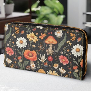 Cartera con cremallera con diseño de setas y flores silvestres de color naranja, accesorio estilo cottagecore, monedero gótico de bruja para mujer
